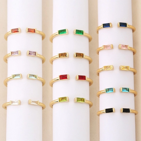 Copper Ring Gold Plated Double Rectangle Zircon Baguette Birthstone Open Design Minimalist Jewelry Women