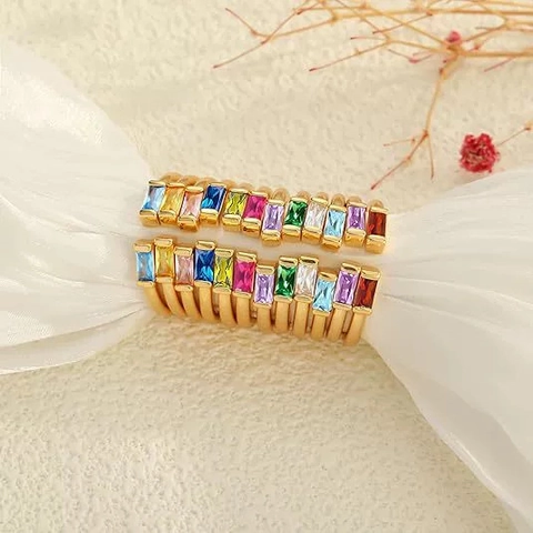 Copper Ring Gold Plated Double Rectangle Zircon Baguette Birthstone Open Design Minimalist Jewelry Women