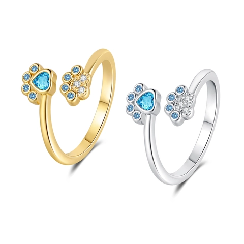 Cute Paw Print Ring Copper Heart Blue Zircon Open Adjustable Fashion Jewelry For Women