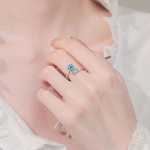 Cute Paw Print Ring Copper Heart Blue Zircon Open Adjustable Fashion Jewelry For Women