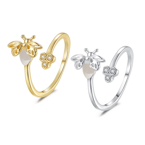 Bee Honeycomb Open Ring Copper Adjustable With Zircon Shell Inlaid Nature Style Fashion Jewelry For Women