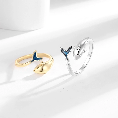 Dolphin Whale Tail Open Adjustable Ring Copper Blue Enamel Dreamy Marine Style Sweet Jewelry For Women Girls