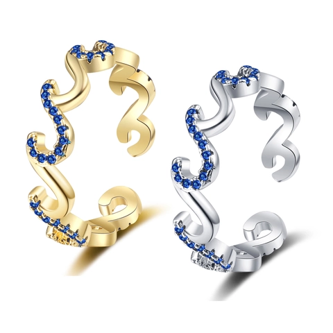 Anello Ondulato Aperto Regolabile Con Zirconi Blu Intarsiati In Rame Placcato Gioielli Di Moda Per Donna Regalo Elegante