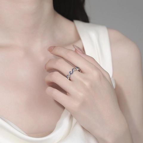 Anello Ondulato Aperto Regolabile Con Zirconi Blu Intarsiati In Rame Placcato Gioielli Di Moda Per Donna Regalo Elegante