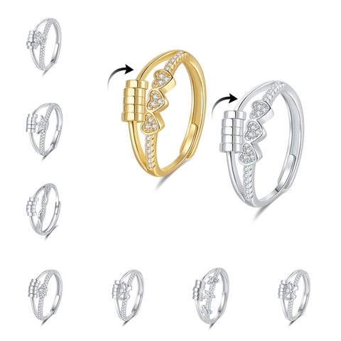 Fidget Ring For Anxiety Relief Spinning Beads Copper Adjustable Ring With Zircon Butterfly Heart Star Cross Fashion Jewelry