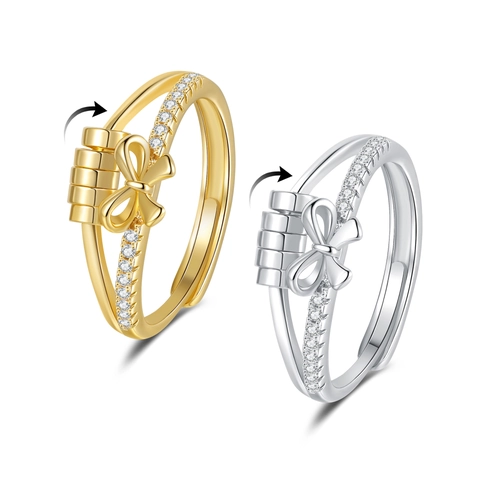Fidget Ring For Anxiety Relief Spinning Beads Copper Adjustable Ring With Zircon Butterfly Heart Star Cross Fashion Jewelry