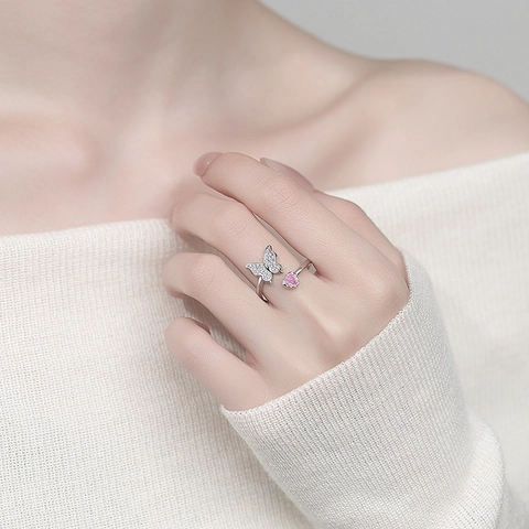 Schmetterling Herz Verstellbarer Offener Ring Kupfer Mit Rosa Zirkon Kubischer Zirkonia Modeschmuck Für Damen