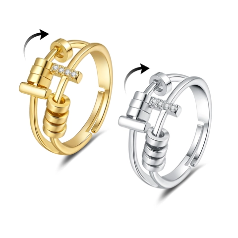 Angst Fidget Spinner Ring Für Damen Kupfer Verstellbare Öffnung Rotierende Perlen Zirkon Stressabbau Mode Schmuck
