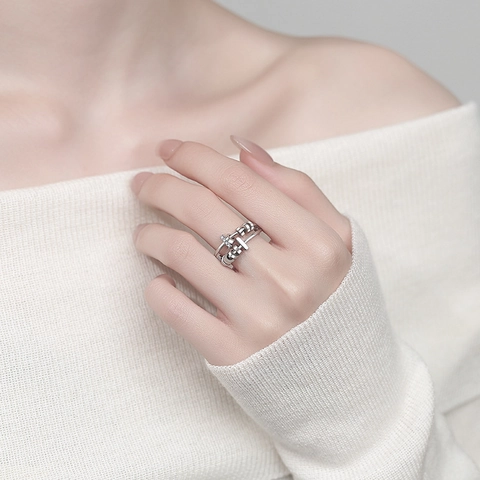 Angst Fidget Spinner Ring Für Damen Kupfer Verstellbare Öffnung Rotierende Perlen Zirkon Stressabbau Mode Schmuck