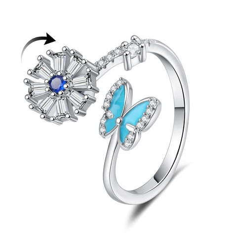Drehbarer Angst Ring Kupfer Blaues Emaille Schmetterling Sonnenblume Zirkon Spinner Stressabbau Verstellbar Damen Schmuck