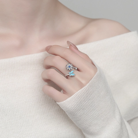 Drehbarer Angst Ring Kupfer Blaues Emaille Schmetterling Sonnenblume Zirkon Spinner Stressabbau Verstellbar Damen Schmuck