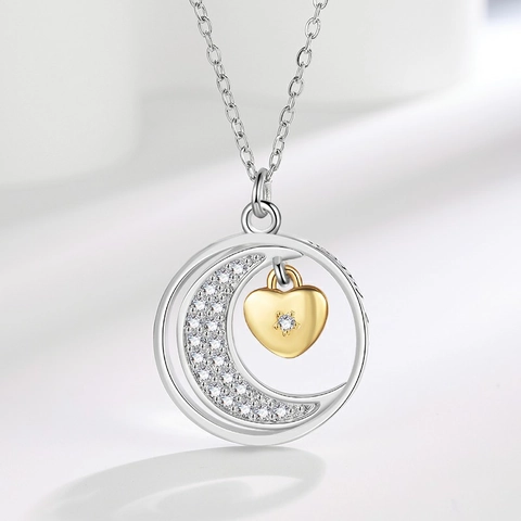 Mond Und Herz Anhänger Halskette Kupfer Mikropavé Zirkon Zweifarbig Graviert Schlüsselbeinkette Schmuck Für Damen