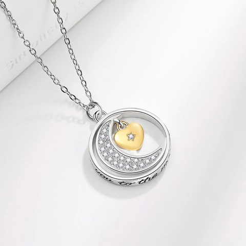 Mond Und Herz Anhänger Halskette Kupfer Mikropavé Zirkon Zweifarbig Graviert Schlüsselbeinkette Schmuck Für Damen