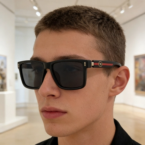 Gafas de Sol Cuadradas Vintage para Hombre Protección UV400 Material PC Moda al Aire Libre Con Logotipo de Metal a Rayas Rojas y Verdes