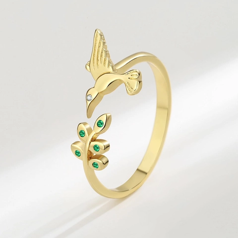 Hummingbird Leaf Adjustable Open Ring Copper With Green Cubic Zirconia Animal Bird Fashion Jewelry Gift For Women