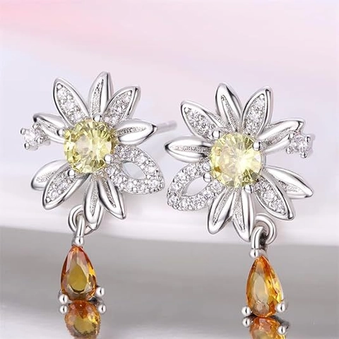 Madeliefje Bloem Hangoorbellen Met 925 Sterling Zilveren Oorsteker Gele Zirkonia Kristal Luxe Stijl Voor Dames