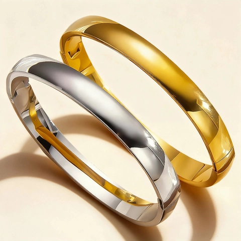 Minimalist High Polish Stainless Steel Bangle Bracelet Hinged Buckle Plain Glossy Cuff Waterproof Hypoallergenic Jewelry