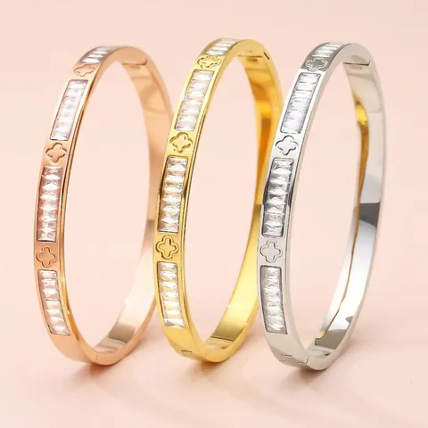 Minimalist Stainless Steel Rhinestone Bangle For Women Electroplated Clover Heart Geometric Fashion Bangle Bracelet Jewelry