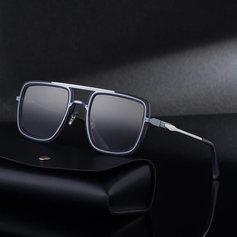 Square Sunglasses Metal Plastic Frame Double Bridge Retro UV Protection Driving Fashion Men