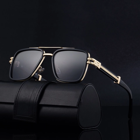 Square Sunglasses For Men Retro Double Bridge Metal Frame UV400 Protection Outdoor Driving Fashion Eyewear Accessory