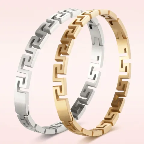 Bracciale Rigido In Acciaio Inossidabile Motivo Meandro Greco Cavo Gioielli Minimalisti Geometrici Per Uomini Donne Lusso Lucidato