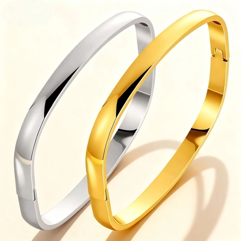 Minimalist Polished Stainless Steel Bangle Bracelet For Women Men Hinge Buckle Oval Shape Modern Jewelry Waterproof