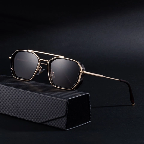 Square Frame Sunglasses For Men Retro Steampunk Metal Frame With Side Shields Double Bridge UV400 Protection Driving