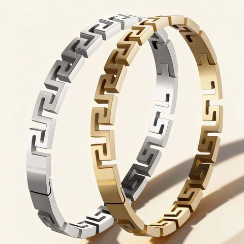 Greek Key Meander Bracelet Stainless Steel Hollow Geometric Bangle Fashion Jewelry For Men Women