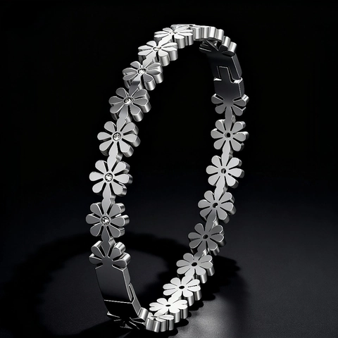 Bracciale Rigido Con Fiori Di Margherita In Acciaio Inossidabile Con Strass Chiusura A Fibbia Gioielli Di Moda Eleganti Da Donna