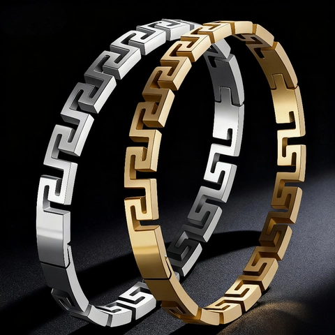 Geometric Hollow Out Bangle Stainless Steel Greek Key Pattern Minimalist Luxury Jewelry Bracelet For Women