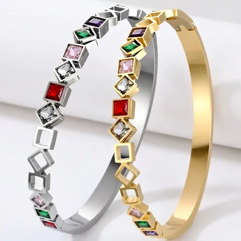 Bracciale Rigido Pietre Multicolore Acciaio Inossidabile Placcato Oro Geometrico Quadrato Gioielli Impermeabili Per Donna