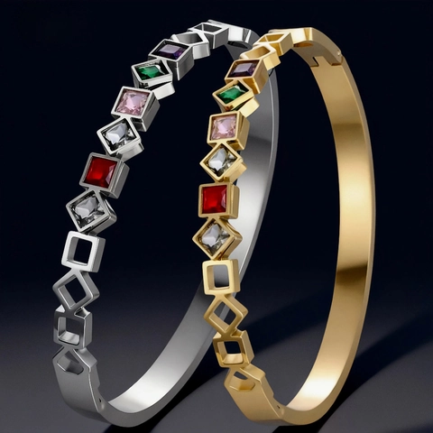 Bracciale Rigido Pietre Multicolore Acciaio Inossidabile Placcato Oro Geometrico Quadrato Gioielli Impermeabili Per Donna