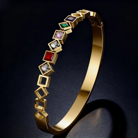 Colorful Gemstone Stainless Steel Bangle Waterproof Non-fading Square Cut Geometric Jewelry Gift For Women
