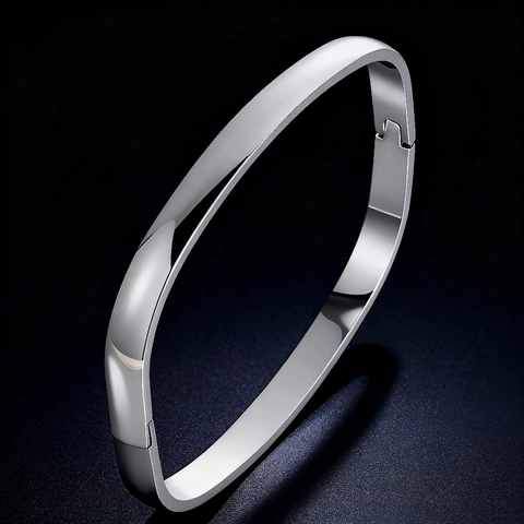 Polished Stainless Steel Bangle Bracelet Minimalist Snap Clasp Plain Cuff Jewelry For Men Women Unisex