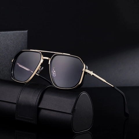 Men Retro Punk Square Sunglasses UV400 Protection Double Bridge Metal Frame Sun Glasses For Outdoor Travel Fashion