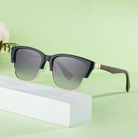 Men Retro Square Cat Eye Sunglasses Fashion UV400 Protection Gradient PC Lens Metal And Wood Grain Texture Legs
