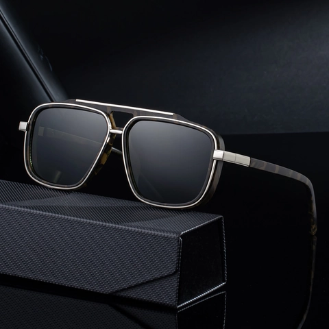 Square Polarized Sunglasses For Men Vintage Luxury Double Bridge Metal PC Frame UV400 Outdoor Fashion Eyewear