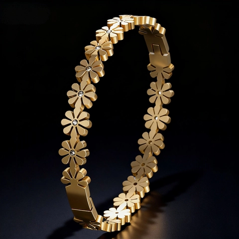 Bracciale Rigido In Acciaio Inossidabile Con Fiore Di Margherita Per Donna Con Intarsio Di Zirconi E Fibbia A Cerniera