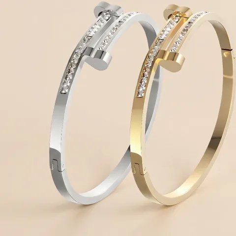 Fashion Stainless Steel Nail Bangle Heart Clover T Star Design Gold Silver Plated Rhinestone Inlaid Open Bangle For Women