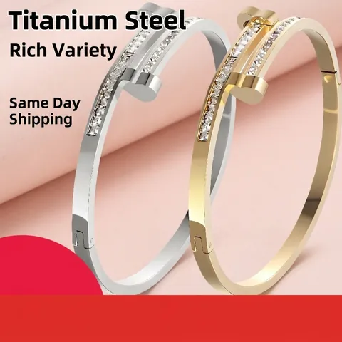 Mode Roestvrij Staal Spijker Bangle Hart Klaver T Ster Ontwerp Goud Zilver Gegalvaniseerd Strass Ingelegde Open Bangle Dames