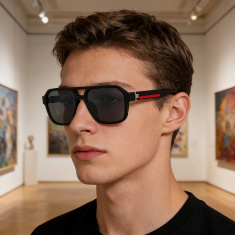 Occhiali Da Sole Polarizzati Quadrati Da Uomo Doppio Ponte Montura PC Protezione UV400 Guida Aperto Moda Con Striscia Rossa
