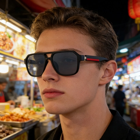 Occhiali da Sole Polarizzati Quadrati da Uomo Moda Doppio Ponte Protezione UV400 Occhiali da Sole per Guida Esterni con Striscia Rossa