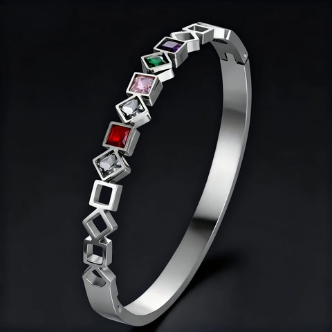 Geometric Bangle Stainless Steel Colorful Square Gemstone Marquise Cut Fashion Jewelry For Women Non Fading Gold Plated