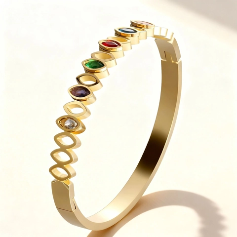 Bracelet Jonc Pierres Colorées Marquise Acier Inoxydable Creux Géométrique Plaqué Or Bijoux Mode Femmes