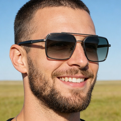 Men Sunglasses Metal Frame UV400 Protection Square Double Bridge Retro Fashionable Outdoor Driving Eyewear