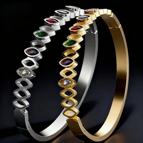 Women Stainless Steel Bangle Bracelet Multicolor Marquise Cubic Zirconia Hollow Geometric Elegant Fashion Jewelry