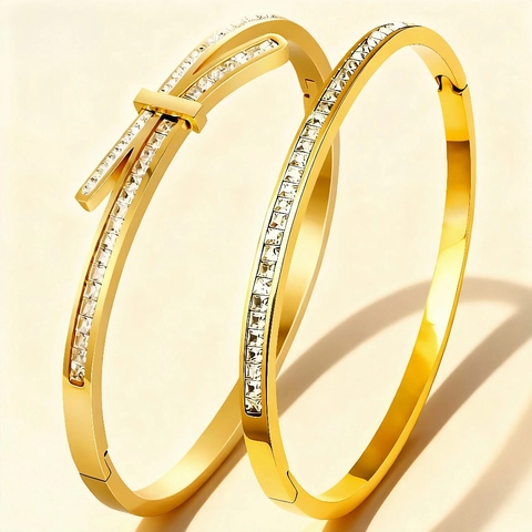 Geometric Stainless Steel Bangle Bracelet For Women Rhinestone Inlaid Elegant INS Style Minimalist Jewelry Gold Plated