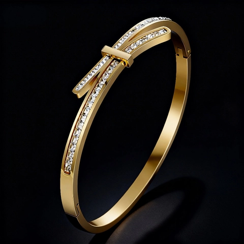 Titanium Stainless Steel Bangle Women Geometric Bowknot Micro Pave Zircon Waterproof Gold Plated Hinge Bracelet Jewelry