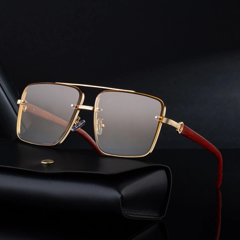 Retro Square Sunglasses Metal Double Bridge Wood Grain Textured Temples UV400 Protection Fashion Eyewear Men Women