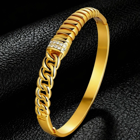 Bracciale Rigido In Acciaio Inossidabile Per Donna Placcato Oro 18K Catena Cubana Con Pavé Di Strass Gioielli Di Moda
